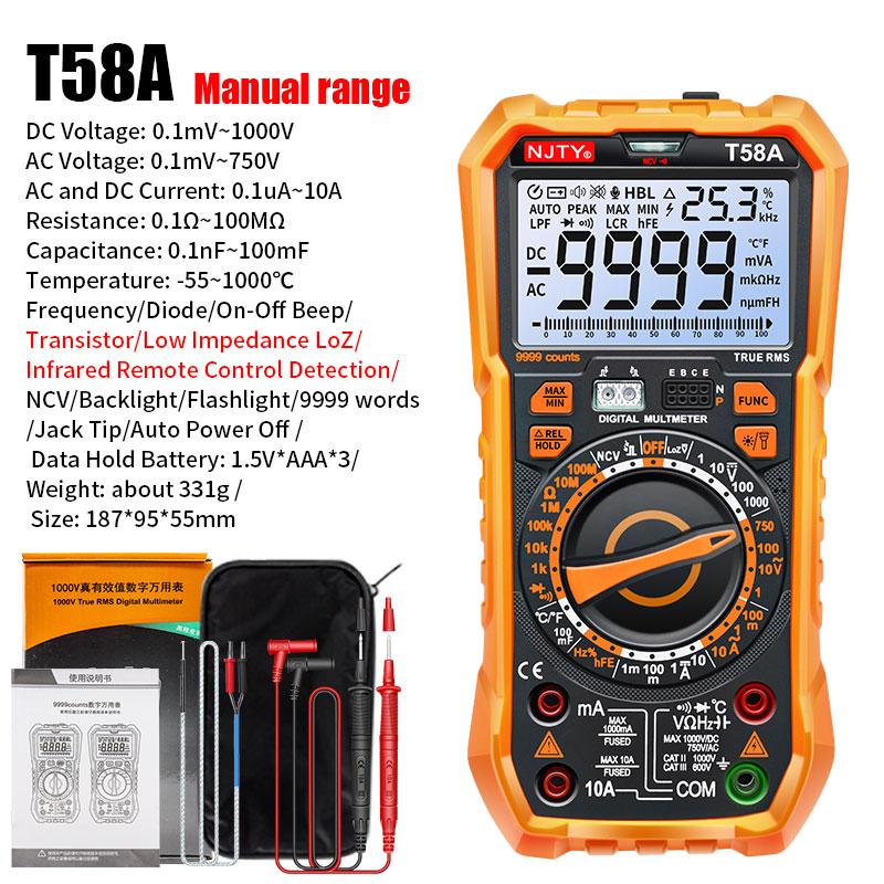 

NJTY Digital Multimeter 9999 Counts Multimetro AC/DC Leakage Current Tester 100mF Capacitance Professional Electrician Tools