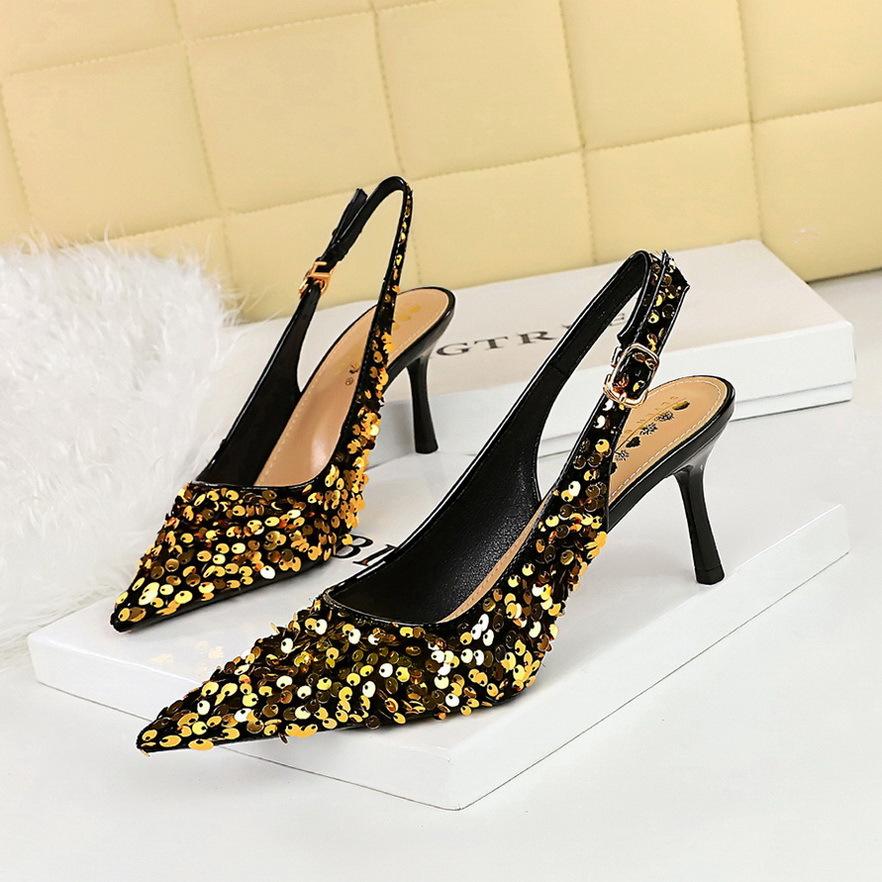 Fashion Fashion Bling Design Heeled Sandals Women Summer Sexy Pointed Toe Hollow Back Strap Thin High Heels Elegant Banquet Women Pumps