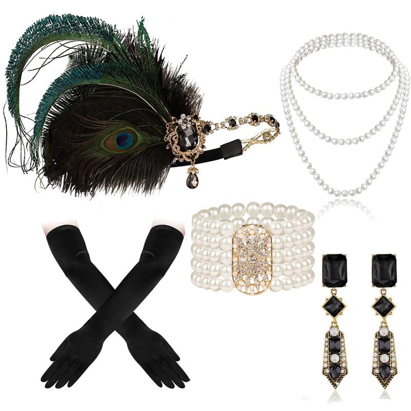 Western 1920s Peacock Feather Headdress Headband Gatsby Party Masquerade Halloween Women's Set Elegant Essential
