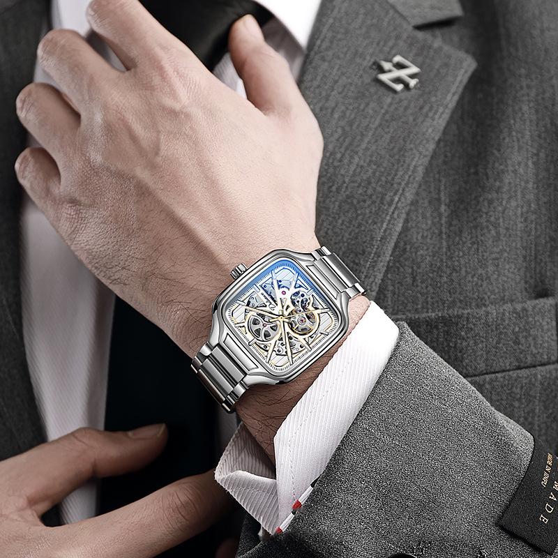 Dulunwe Mechanische Herrenuhr mit quadratischem Zifferblatt, wasserdicht, automatisch, Skelett, Geschenkuhr, leuchtend, lässig, Sportuhr, Herren-Business-Uhr