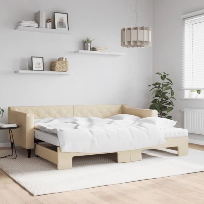 VidaXL Daybed with Trundle and Mattress Cream 90x200 Cm Fabric 3197448