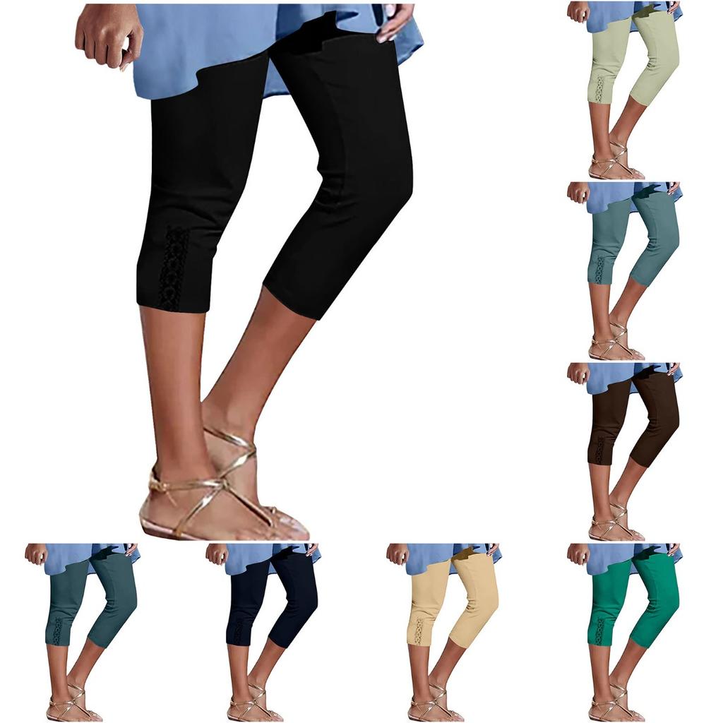 Damen Sommer Spitze Hohe Taille Einfarbige Capri Leggings für den Alltag, Europäisch Amerikanische Mode Dehnbar Basic Hose