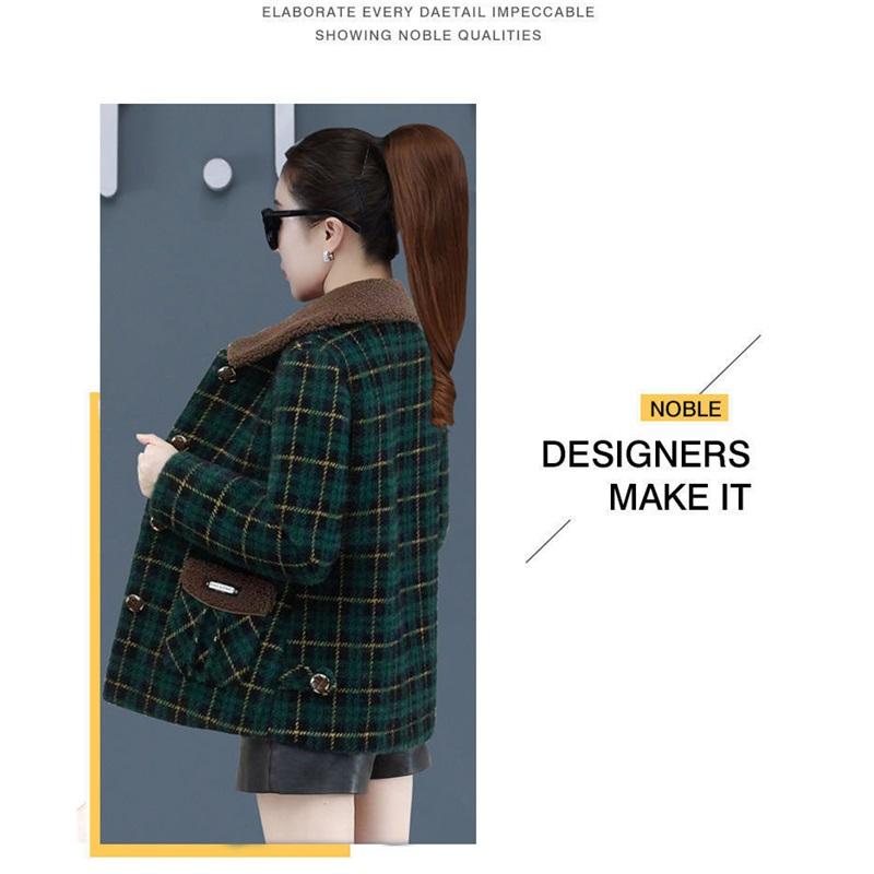 Women's Winter Plaid Woolen Coat With Fleece Lining Casual Lapel Button Jacket