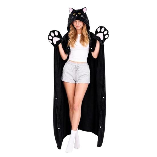 Manta Acondicionada Acogedora Sudadera Portátil de Halloween, Capa de Vaca de las Highlands con Capucha, Suave Regalo para Ella Perezoso de Peluche Capa de Gato Negro Ropa de Casa para Mujer