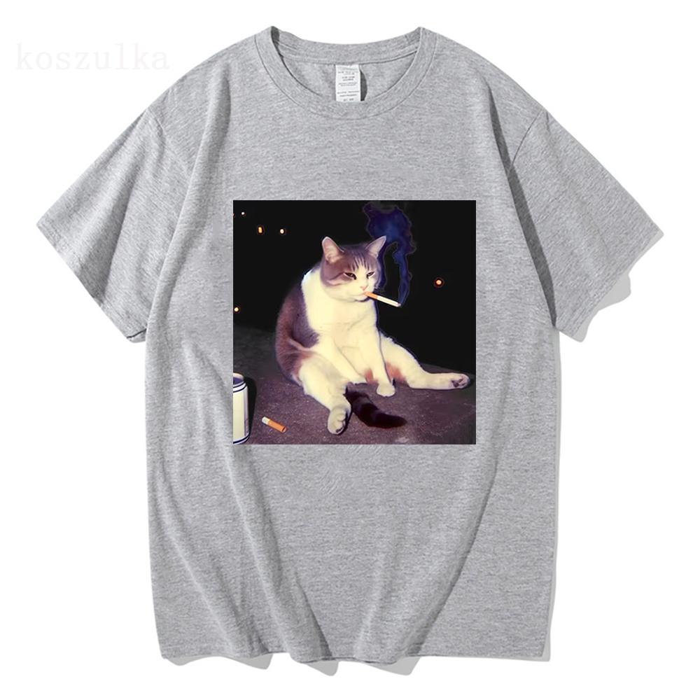 Vintage Cigarette Kitten Funny Smoking Cat Meme Stupid Brainrot Graphic TShirt Unisex Women Fashion Tshirts Cotton Casual T Shirt