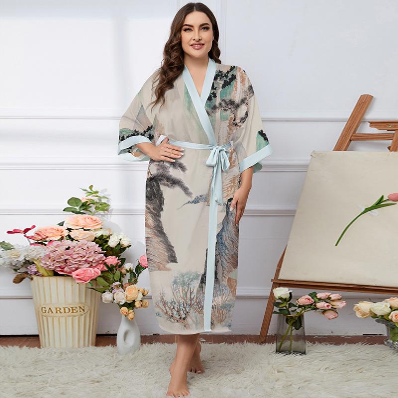Übergröße Satin Sommer Pyjama & Bademantel Set für Damen - Leichter Luxus Eisseide