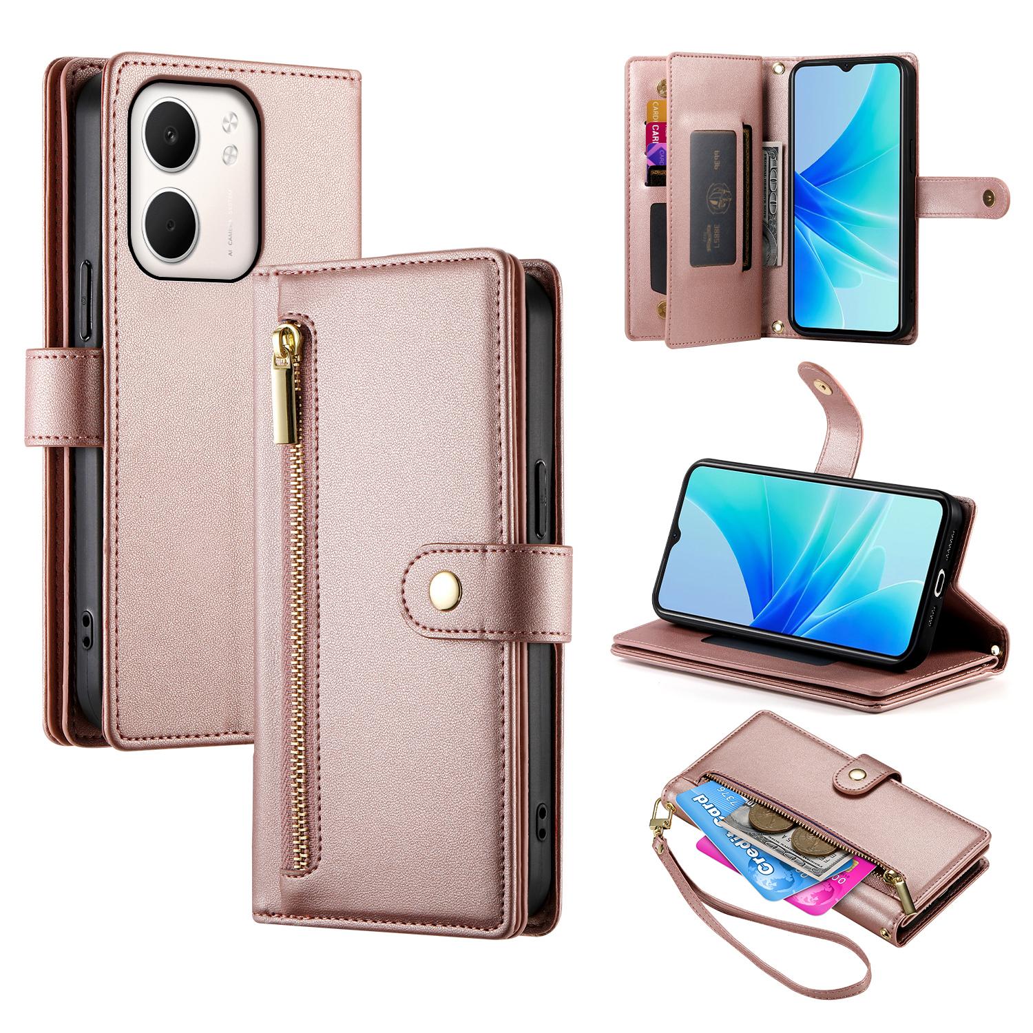 

Чехол для Oppo A5x 5G/4G Кошелек с карманом на молнии Кожаный чехол для телефона с ремешками Pink