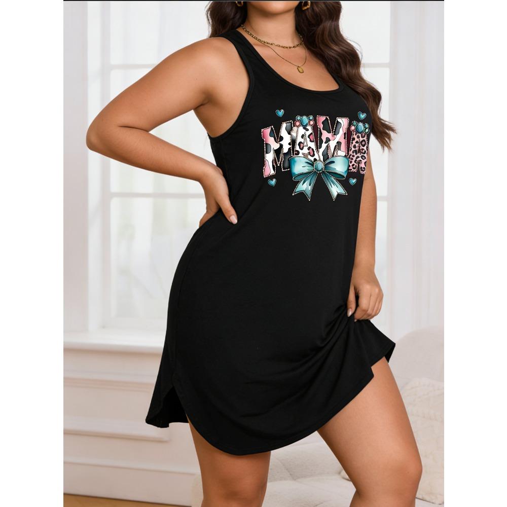 

Big-size women s fashionable casual mom s printed sleeveless tank top dress, suitable for wearing outside the home S