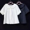Japanese Lolita White Shirts Women Preppy Kawaii Bow Lace Black Blouses Summer Harajuku Cute Peter Pan Collar Short Sleeve Tops