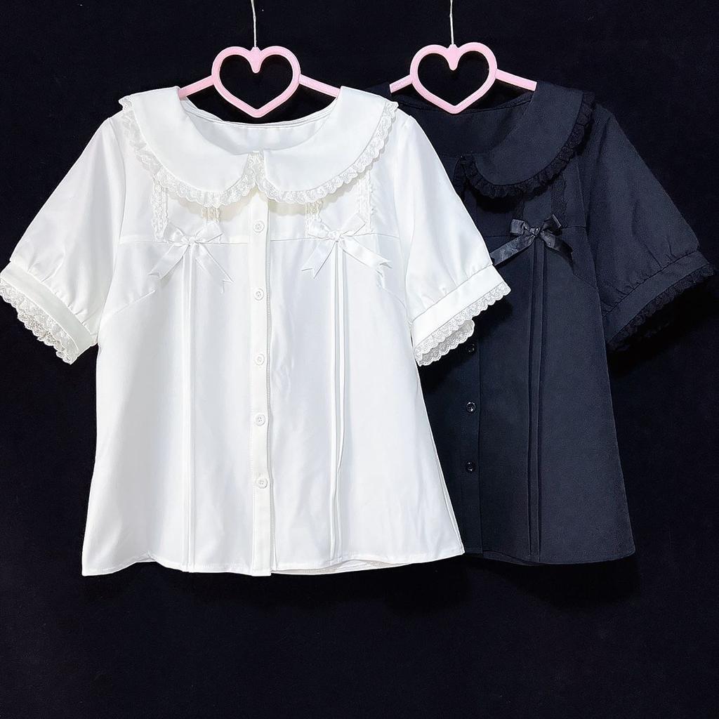 Japanese Lolita White Shirts Women Preppy Kawaii Bow Lace Black Blouses Summer Harajuku Cute Peter Pan Collar Short Sleeve Tops