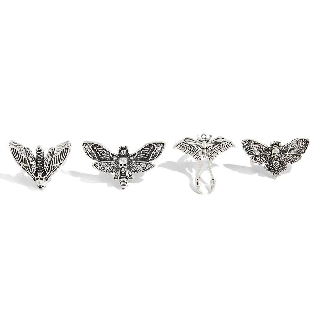 Salircon 4Pcs/set Goth Creative Butterfly Moth Skull Opening Ring Women Punk Joint Ring Halloween Trend Jewelry Accessories Gift