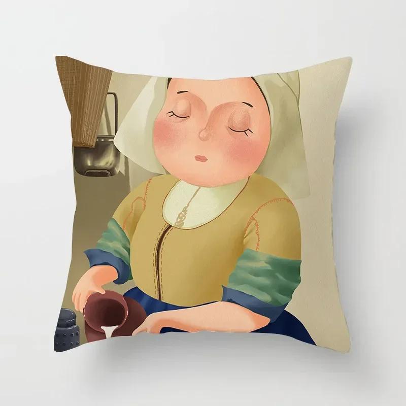 Creative Cartoon Oil Painting Mona Lisa  Gogh Cushion Cover Portrait Painting Throw Pillow Case Cojines Decorativos Para Sofa