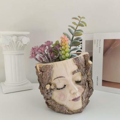 Yousheng Handmade Girl Face Stump Planter 5" Resin Head Tree Stump Flower Vase with Drainage Hole for Outdoor Garden Patio Desk Decor