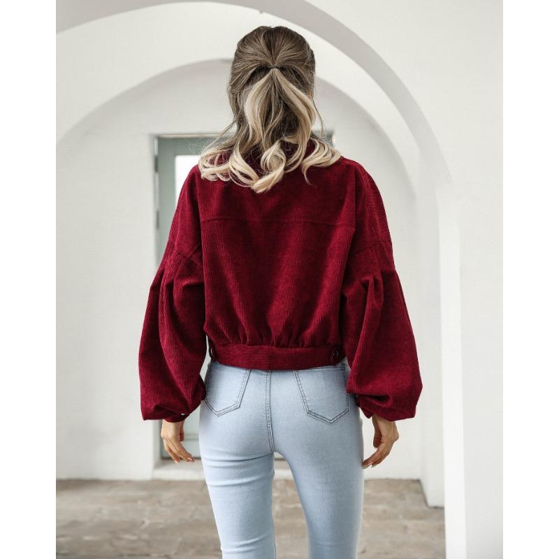 Podzim a zima ležérní klopa Styl BF Manšestrová bunda Lucerna rukáv Jednořadý Krátký kabát Dámské Elegantní Jednobarevné Nový styl