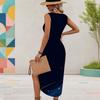 Women Plus Size U Neck Sleeveless Starry Printed Dress Red Blue White High Side Slit Curved Hem