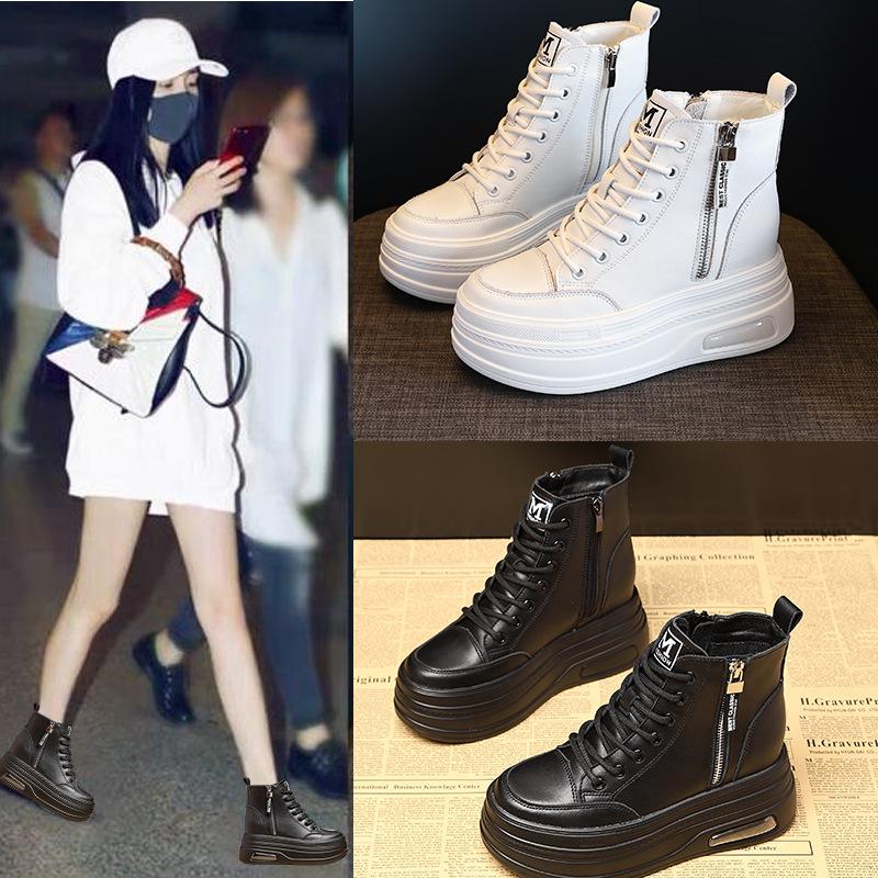 8CM  New Fashion Women Combat Boot Platform Sneakers Spring Autumn Warm Fur Winter Ankle Booties Genuine Leather Women Shoes