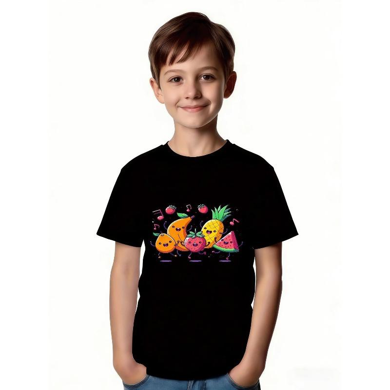 European Sizes Cute Cartoon Fruit Dance T-Shirt - Featuring a Smiling Orange for Girls, Tropical Mango for Boys
