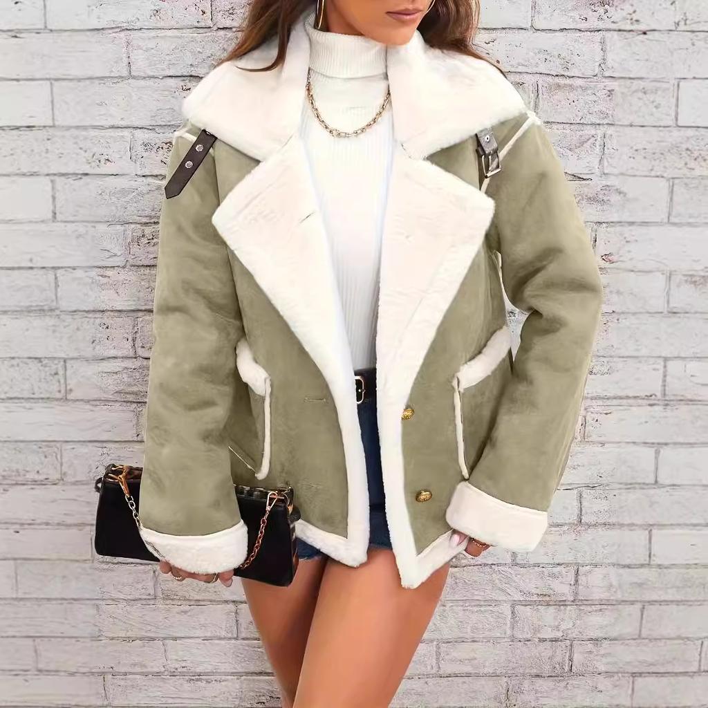 Winter Women's Fashion Lapel Plush Jacket Warm Casual Coat