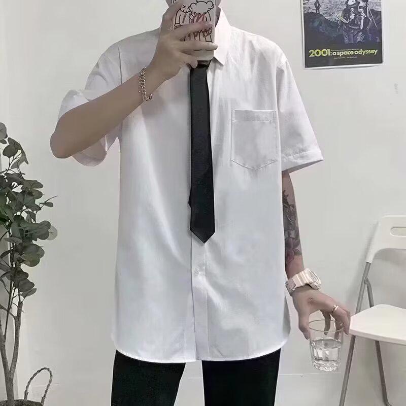 Men's White Korean Style Short-Sleeved Casual Shirt - Loose Fit, Trendy Hong Kong Style Student Class Uniform