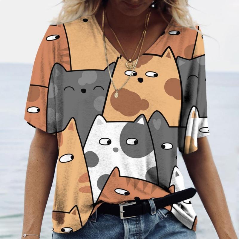 Fashion V-neck Women s T-Shirts Cartoon Cat 3D Printing Short Sleeve Tops Summer Loose Ladies Clothing Street Hip Hop Girl Tees L