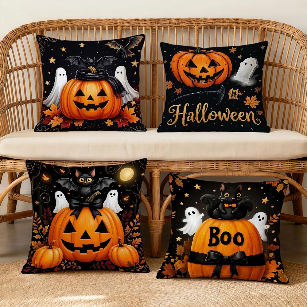 Halloween Ghost Pumpkin Pillow Covers Set of 4 Polyester Throw Cushion Cases for Sofa Couch Bed Indoor Outdoor Spooky Home Decor