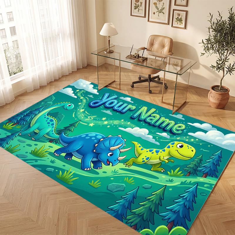 Dinosaur Theme Soft Crystal Velvet Rug Custom Name & Text Print Non Slip Floor Rug for Bedroom Living Room