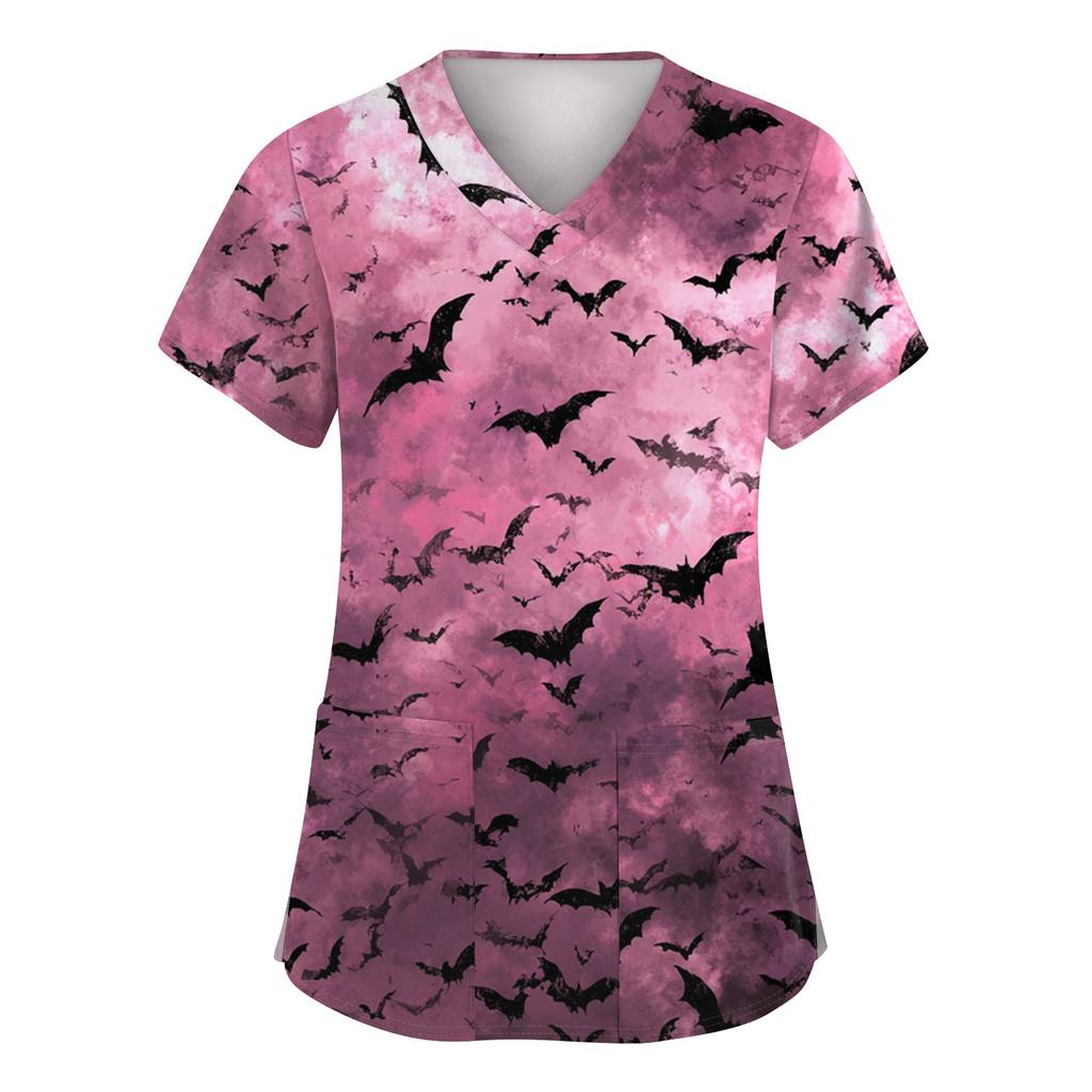 Damenmode Kurzarm Halloween Bedruckt V-Ausschnitt Tasche Arbeitskleidung Tops
