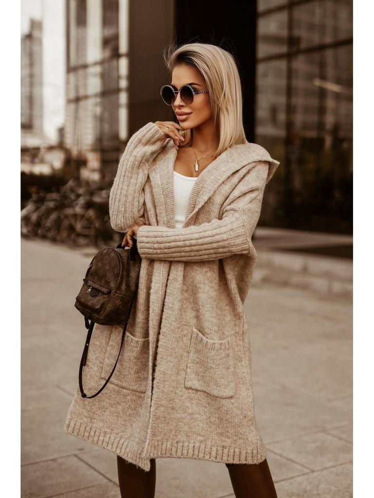 Cross-Border Wool Hooded Cardigan: Loose, Long, Knitted Sweater with Letter Design