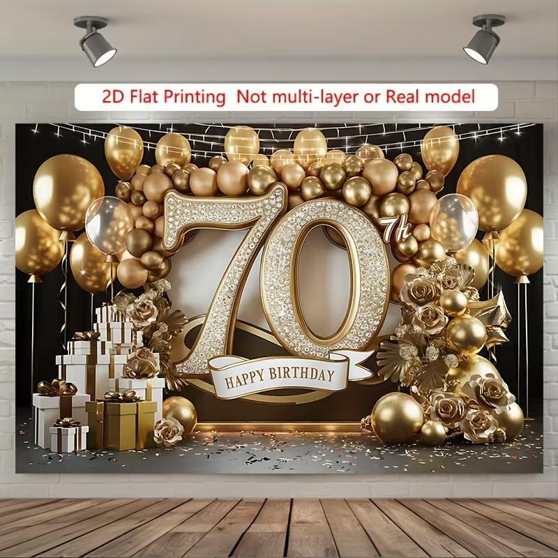 2D Luxury Black Gold 70th Birthday Banner, Shiny Diamond Number Backdrop, Adult Birthday Party Decor