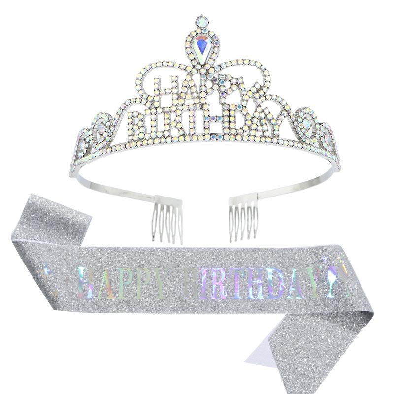 Happy Birthday Party Crown Hair Band Crystal Headwear Hair Accessory Gold Onion Cloth Belt Sash