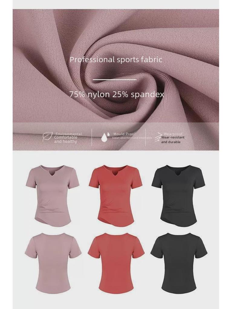 Women's Slim Fit V-Neck Yoga Outfit - Quick-Dry Pleated Short-Sleeve T-Shirt for Pilates, Fitness, and Running.