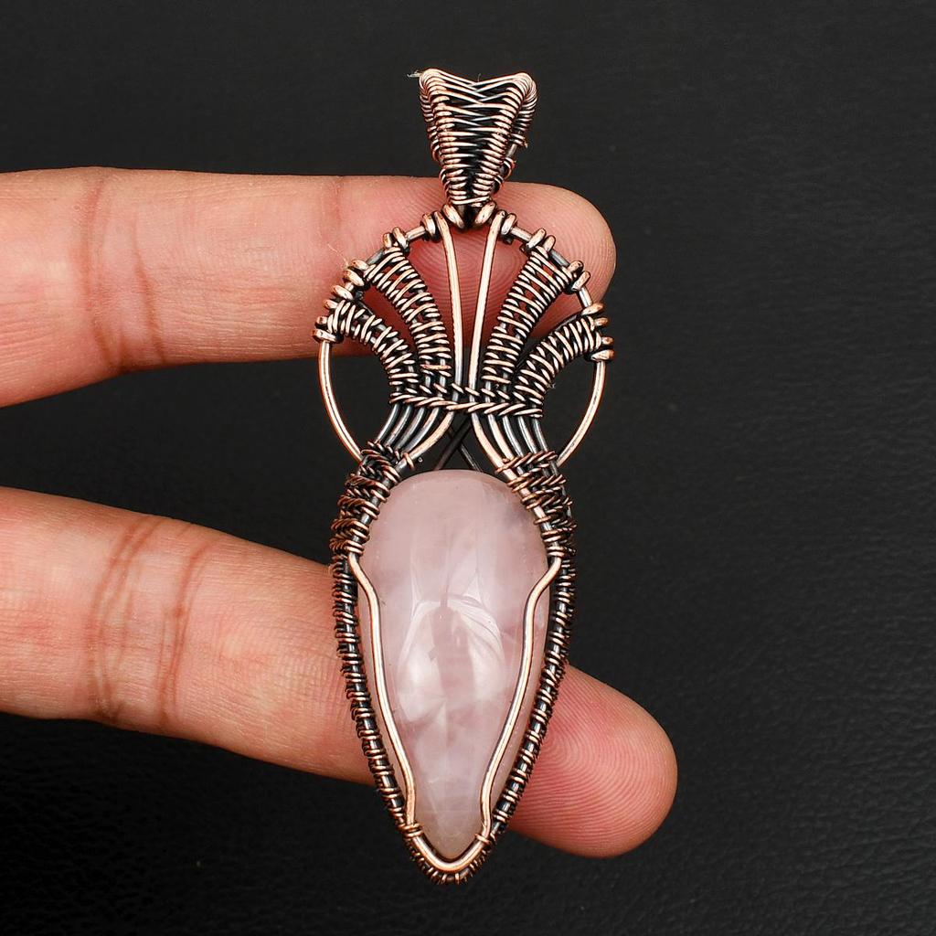 Vintage Style Rose Quartz Gemstone Copper Wire Wrap Pendant Unique Boho Pendant Anniversary or Birthday Jewelry Gift