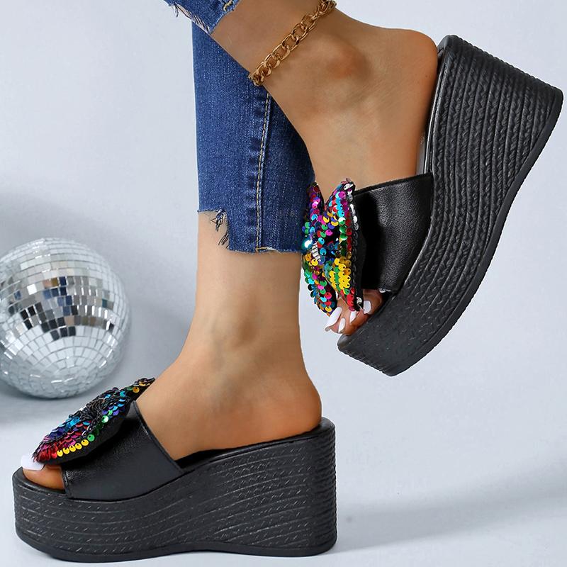 Fashion Chunky Platform Colorful Glitter Sandals Women Summer 2025 Super High Heels Big Bowtie Slides Woman Thick Bottom Slippers Shoes