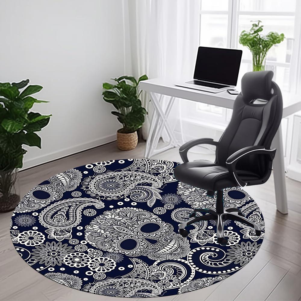 1pc Skull Paisley Office Round Area Rug, Indoor Mat Suitable ForOffice, Under Office Chairs Bedroom Living Room Home Decor, Room Deco 014