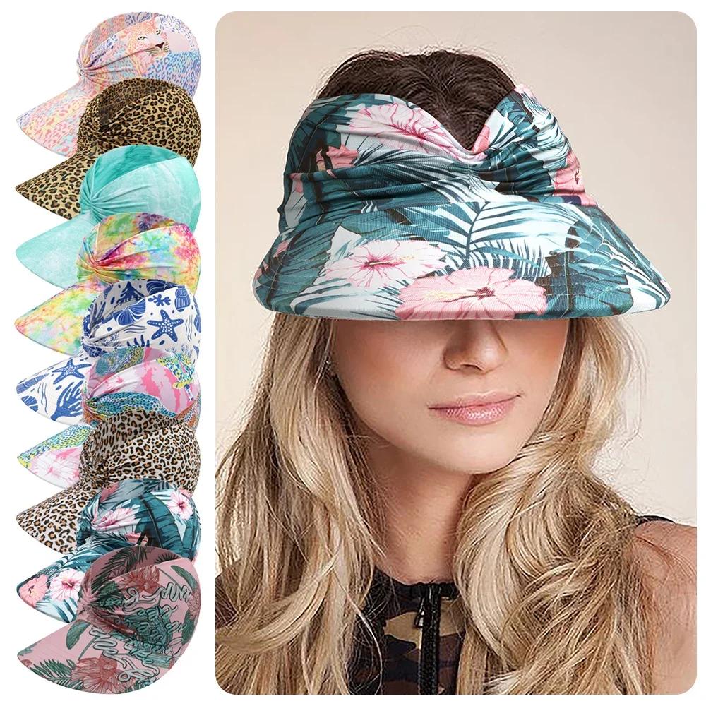 Fashion Anti-UV Summer Visors Hat Empty Top Breathable Empty Top Hat Wide Large Brim Flora Printing Sun Hat Woman