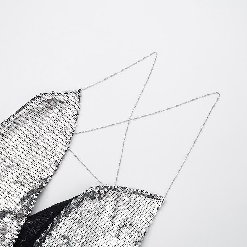 European & American Women's Sequin Chain Spaghetti Strap Open-Back Swing Neck Top