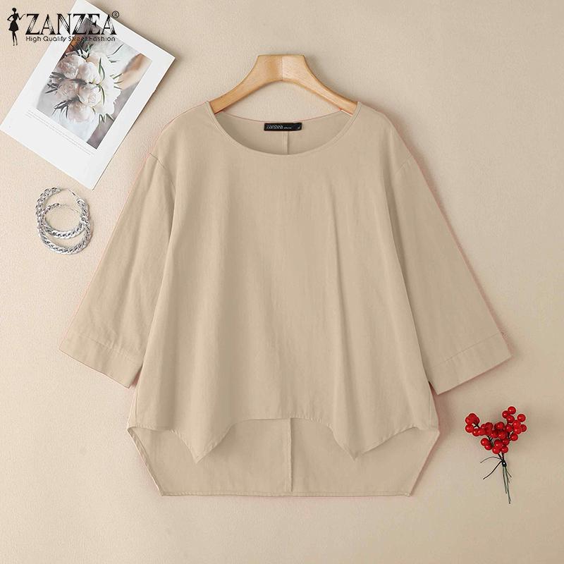 ZANZEA Women Casual Round Neck Loose 3/4 Sleeve Blouse