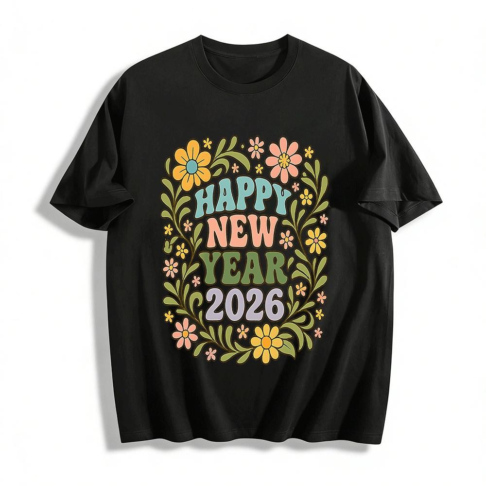 2026 Happy New Year Retro Floral Print Casual Crewneck Top Pure cotton T-shirt XXS