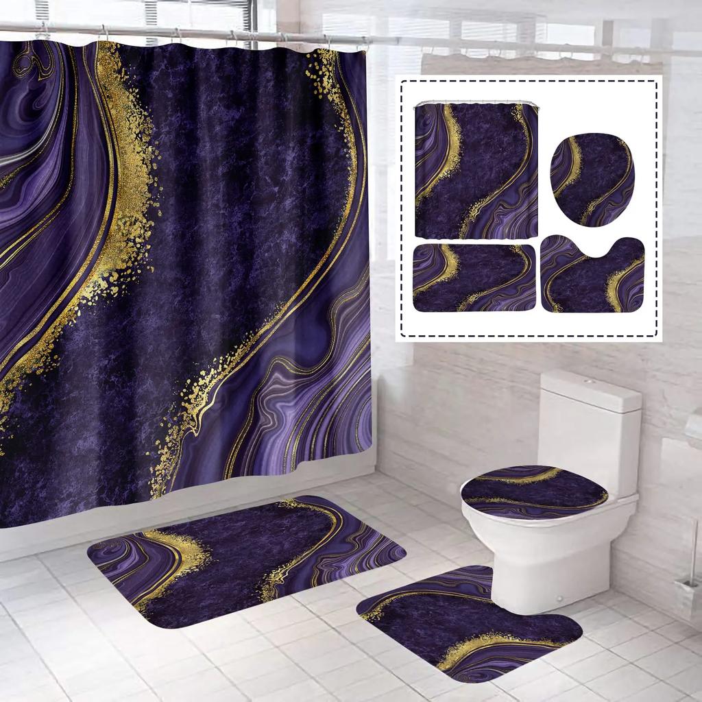 Flash Pink Marble Shower Curtains Shiny Decor For Bathroom Polyester Fabric Decorative Bath Screen Toilet Cover Carpet Wc Sets