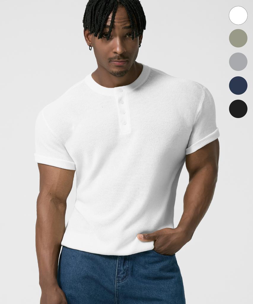 DRIX Washable Linen Muscle Fit Henley Neck Half Knit_5 Colors