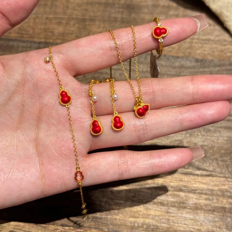 Silk Red Gourd Drip Glaze Necklace Ring Earrings Bracelet Temperament Versatile Lucky Red Jewelry Set