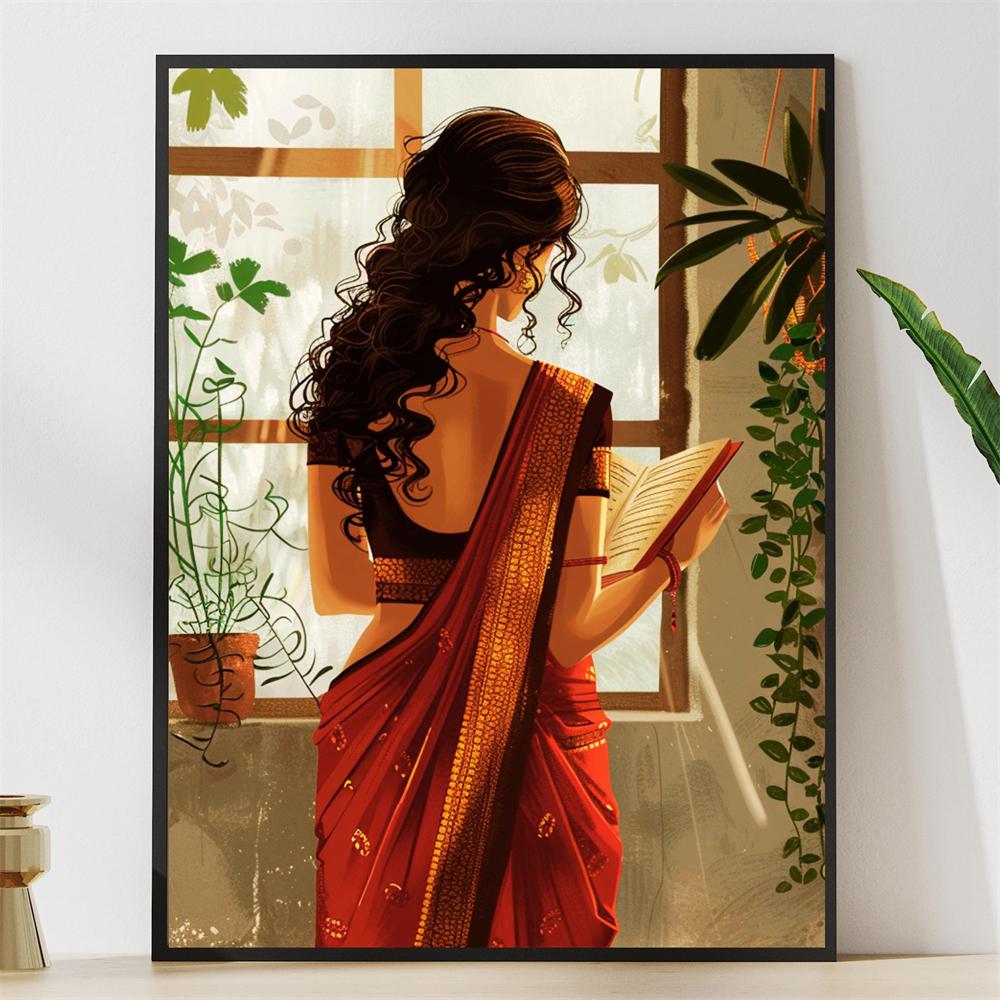 Modern Indian Wall Art Poster Reading Book South Asian Woman Art Prints Brown Girl Art South Indian Art Canvas Painting