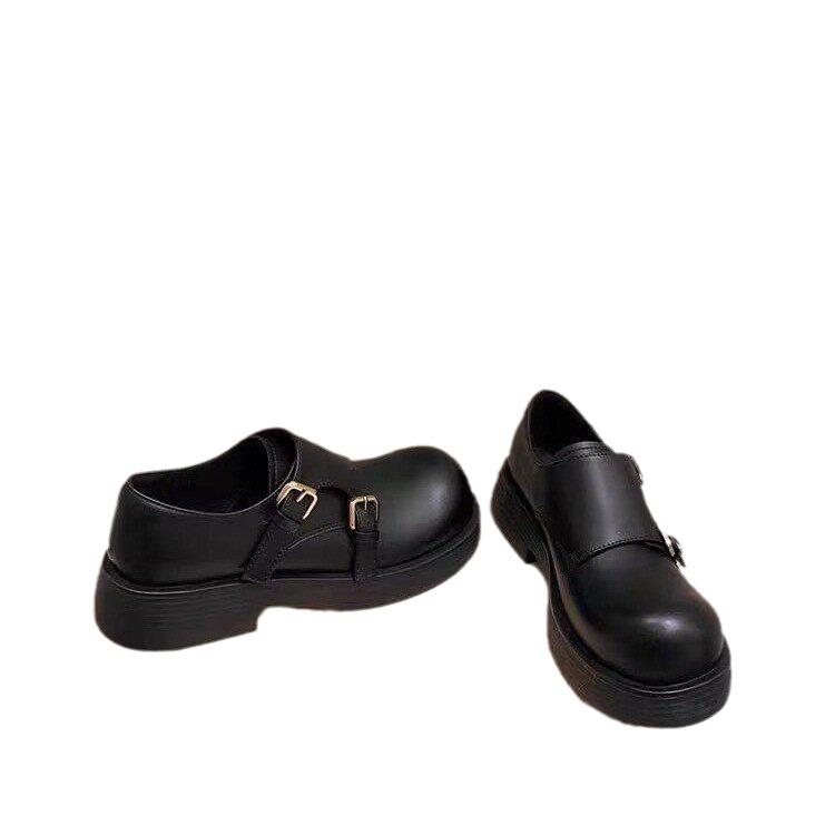 Leather platform casual double buckle with round head one pedal ugly cute versatile retro British style big head leather shoes women