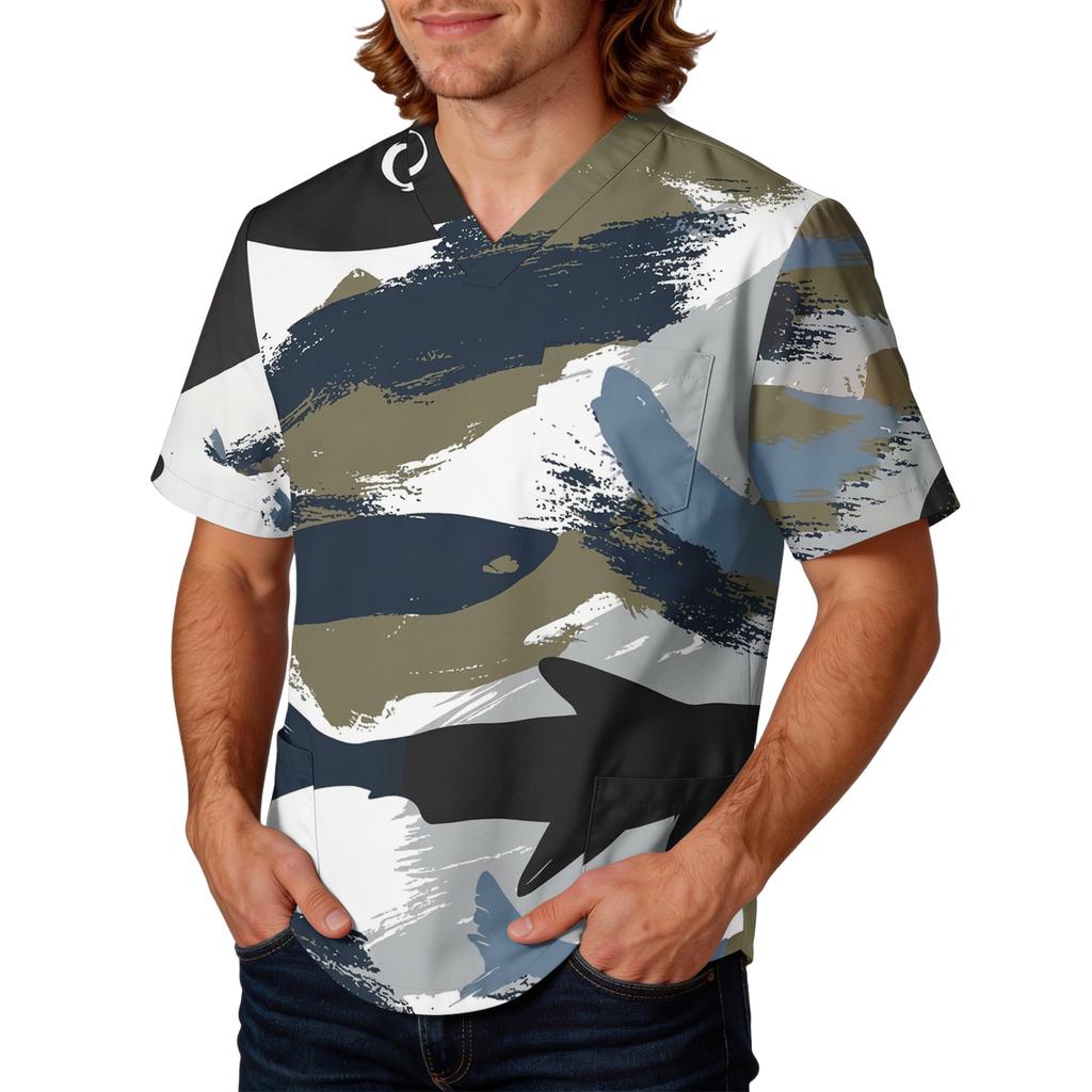 Mens Short Sleeve V Neck Scrub Top Camouflage Printed Pullover Uniform Shirt with Chest Pocket for