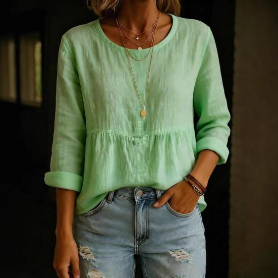 Women Tops Long Sleeve Round Neck Loose Fit Pullover Tops with Pleated Hem Pure Color Spring Summer Casual Shirt