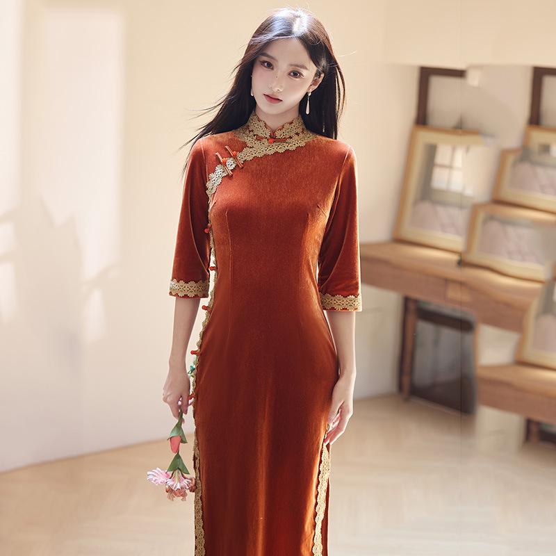 Orange velvet national style new Chinese long autumn long-sleeved cheongsam improved young women's high-end sense retro spring and autumn