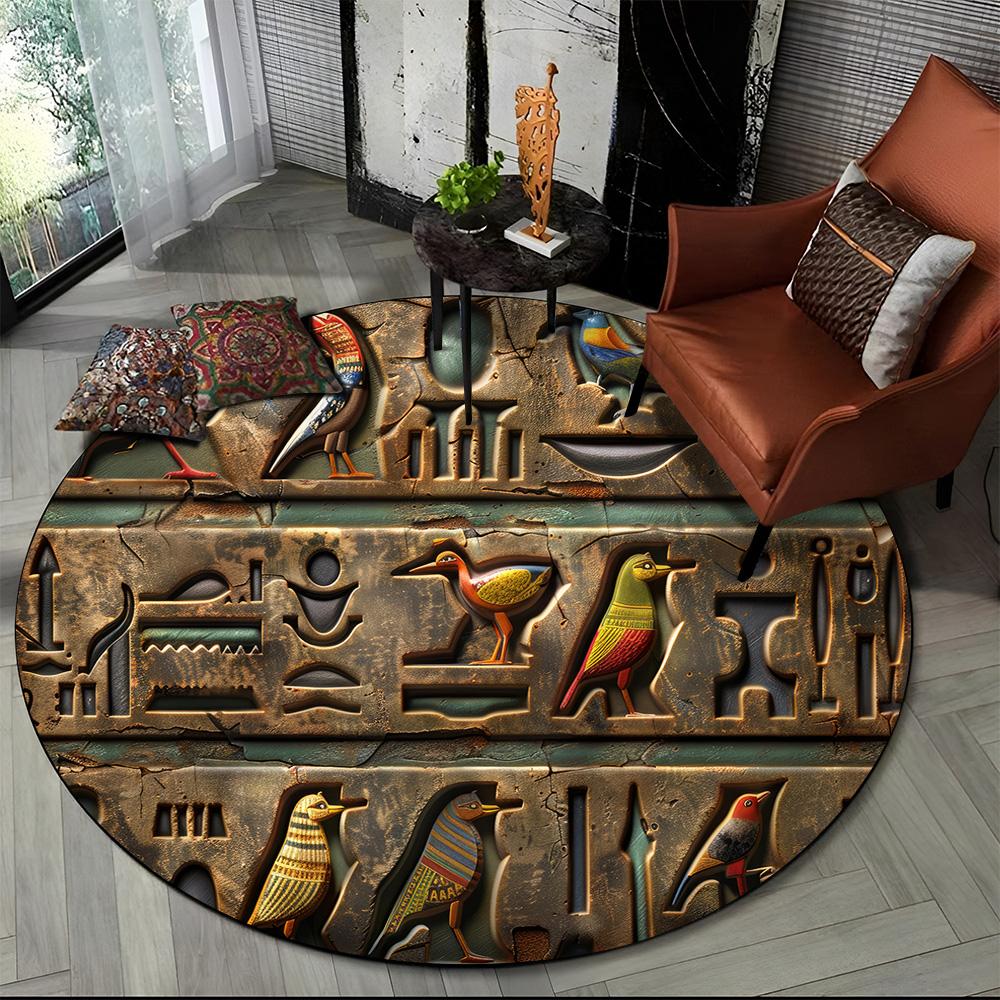 2025 New Ancient Egypt Hieroglyphic Mythology Wall Painting Glyph Round Carpet Rug for Bedroom Living Room Sofa,Decor Floor Mat