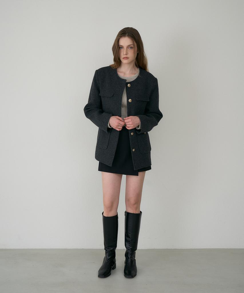 DEHEVE Classic Wool Collarless Jacket [Charcoal]