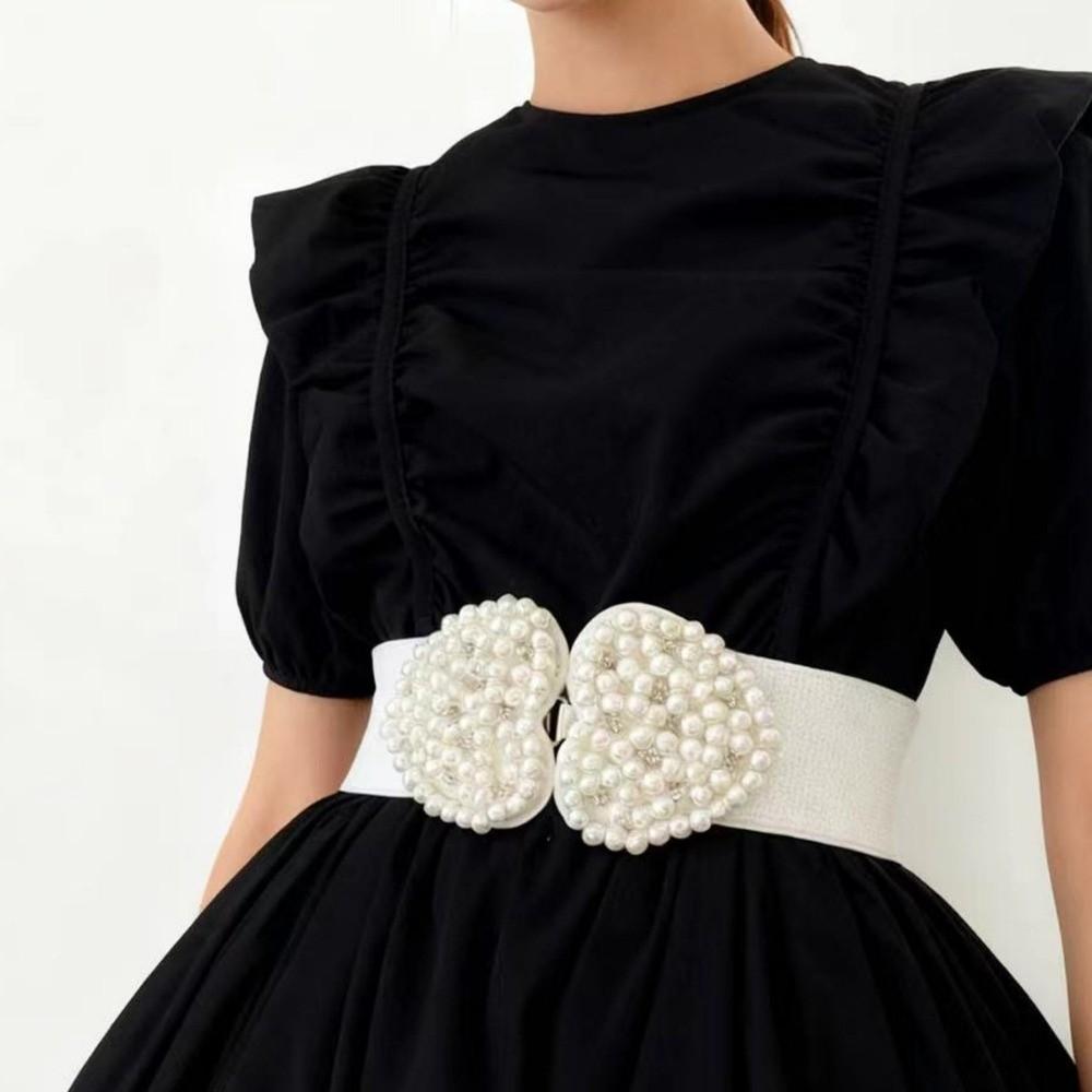 Buckle Pearl Elastic Waistband French Fashionable Stretch Belt Women's Waist Belt Matching Dress