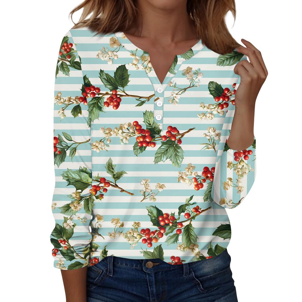 Women's Fashion Casual H Printed V-Neck Long Sleeve Decorative Button T-Shirt Tops